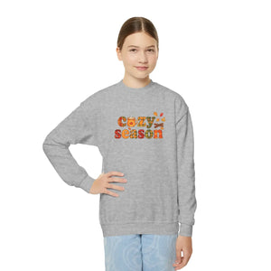 Cozy Season Youth Crewneck Sweatshirt - Fall Leaves Graphic - Sweatshirts