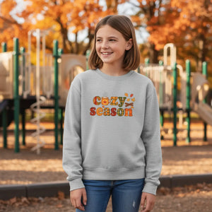 Cozy Season Youth Crewneck Sweatshirt - Fall Leaves Graphic - Sweatshirts - s