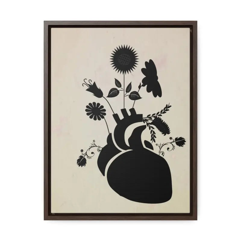 Elegant Vertical Frame: Human Heart with Flowers Artwork - 12″ x 16″ / Premium Gallery Wraps (1.25″) / Walnut Canvas