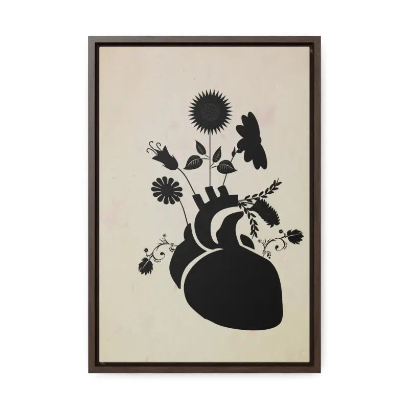 Elegant Vertical Frame: Human Heart with Flowers Artwork - 12″ x 18″ / Premium Gallery Wraps (1.25″) / Walnut Canvas