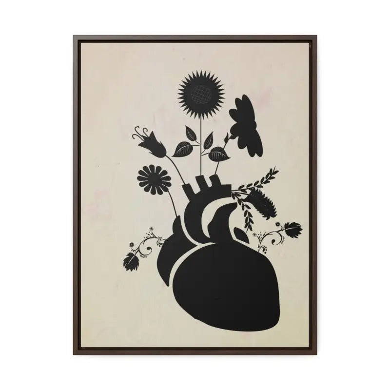 Elegant Vertical Frame: Human Heart with Flowers Artwork - 18″ x 24″ / Premium Gallery Wraps (1.25″) / Walnut Canvas