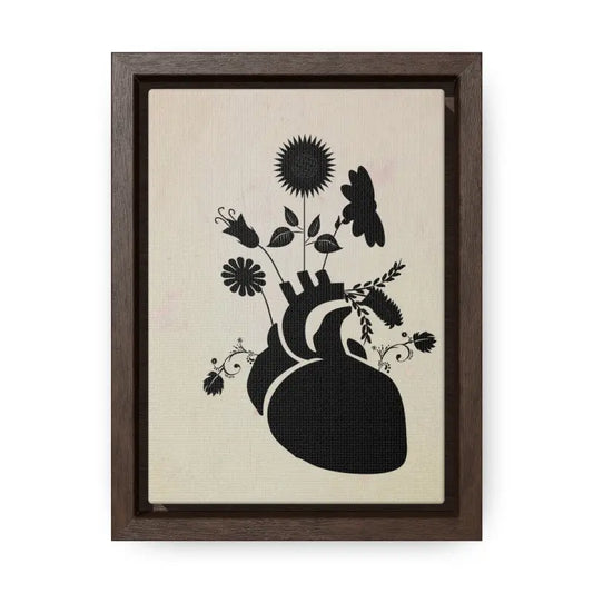 Elegant Human Heart Vertical Frame with Flowers Design - 5″ x 7″ / Premium Gallery Wraps (1.25″) / Walnut Canvas