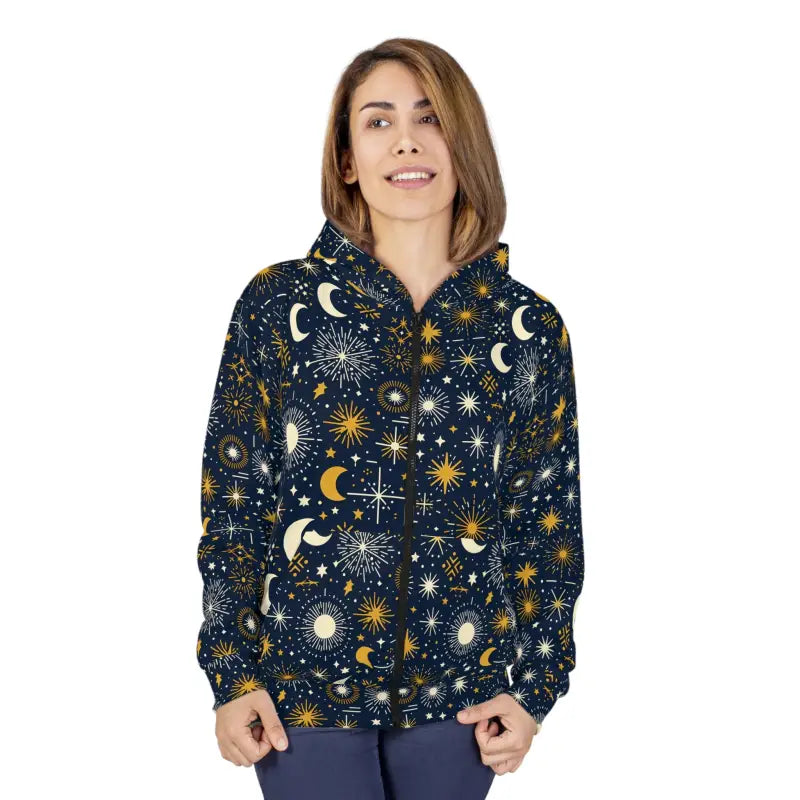 Dreamy Sun Moon Stars Hoodie with Black Zipper - Hoodies