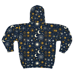 Sun Moon Stars Black Zipper Hoodie with Roomy Hood - Dipaliz - Hoodies