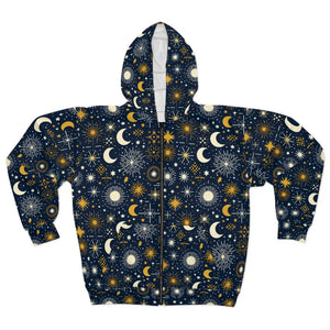 Sun Moon Stars Black Zipper Hoodie with Roomy Hood - Dipaliz - Xs - Hoodies