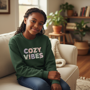 Cozy Vibes Youth Crewneck Sweatshirt — Soft Pastel Retro Text Kids Pullover