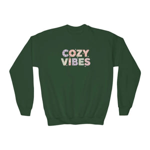 Cozy Vibes Youth Crewneck Sweatshirt, Soft Pastel Retro Text Kids Pullover - Sweatshirts