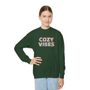 Cozy Vibes Youth Crewneck Sweatshirt, Soft Pastel Retro Text Kids Pullover - Sweatshirts