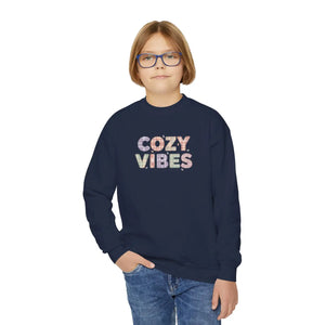 Cozy Vibes Youth Crewneck Sweatshirt, Soft Pastel Retro Text Kids Pullover - Sweatshirts
