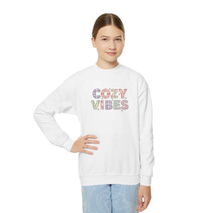 Cozy Vibes Youth Crewneck Sweatshirt, Soft Pastel Retro Text Kids Pullover - Sweatshirts