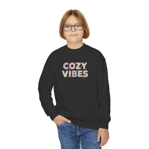 Cozy Vibes Youth Crewneck Sweatshirt, Soft Pastel Retro Text Kids Pullover - Sweatshirts