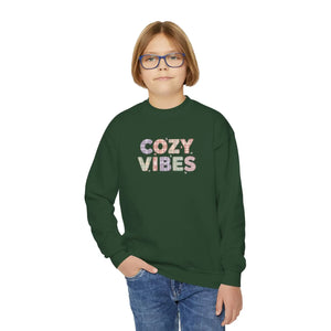 Cozy Vibes Youth Crewneck Sweatshirt, Soft Pastel Retro Text Kids Pullover - Sweatshirts