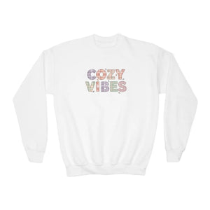 Cozy Vibes Youth Crewneck Sweatshirt, Soft Pastel Retro Text Kids Pullover - Sweatshirts