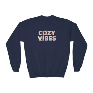 Cozy Vibes Youth Crewneck Sweatshirt, Soft Pastel Retro Text Kids Pullover - Sweatshirts
