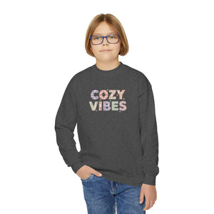 Cozy Vibes Youth Crewneck Sweatshirt, Soft Pastel Retro Text Kids Pullover - Sweatshirts