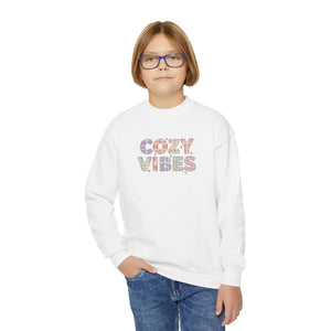 Cozy Vibes Youth Crewneck Sweatshirt, Soft Pastel Retro Text Kids Pullover - Sweatshirts