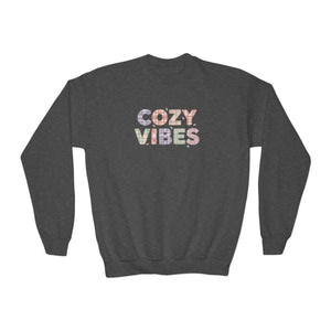 Cozy Vibes Youth Crewneck Sweatshirt, Soft Pastel Retro Text Kids Pullover - Sweatshirts