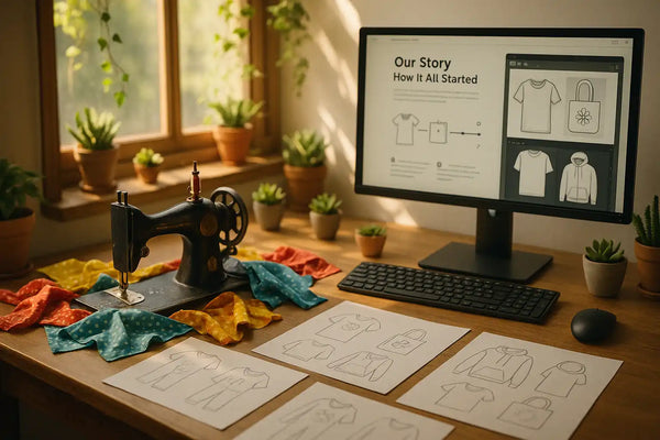 Create a sewing machine with fabric and sketches on paper and sketches on computer desktop. A company page which shows how it all started. add some nature elements. The start of print on demand business
