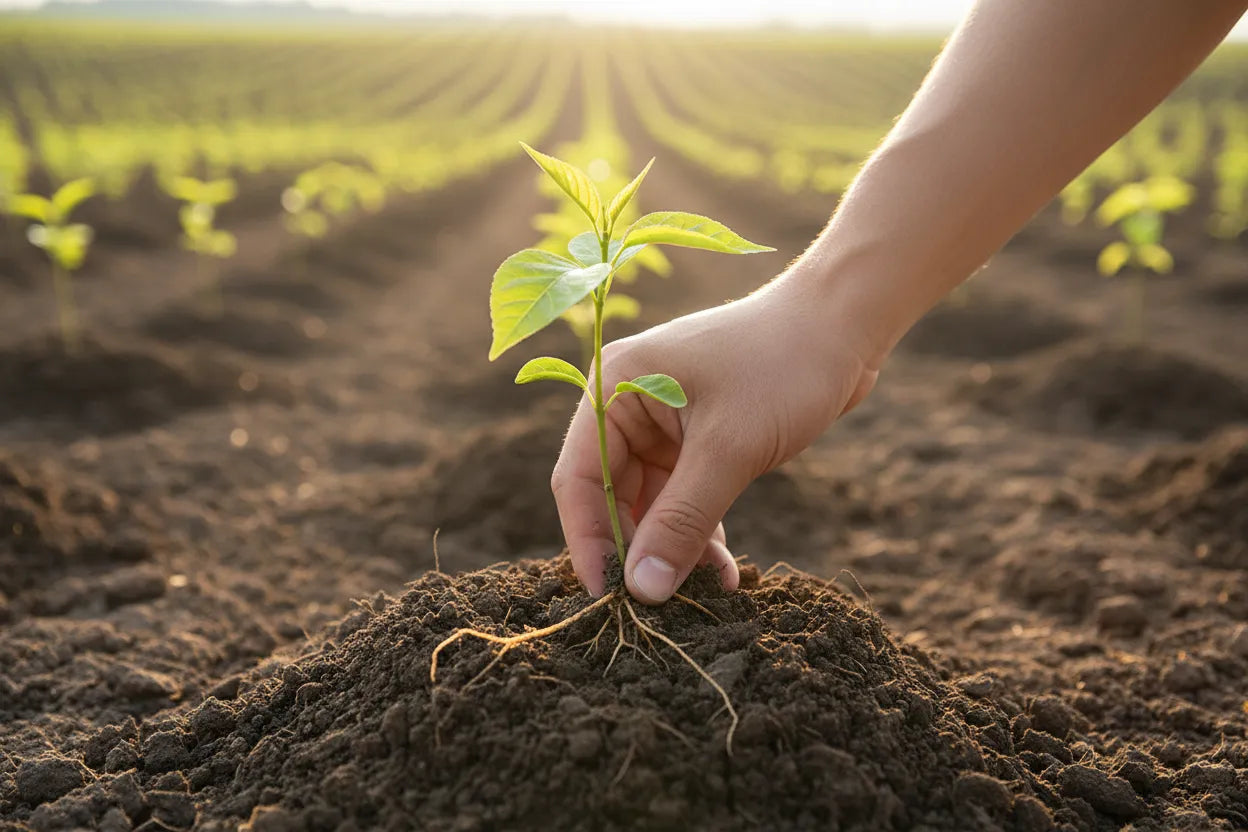 Create an image with reforestation with a hand planting a sapling of a tree