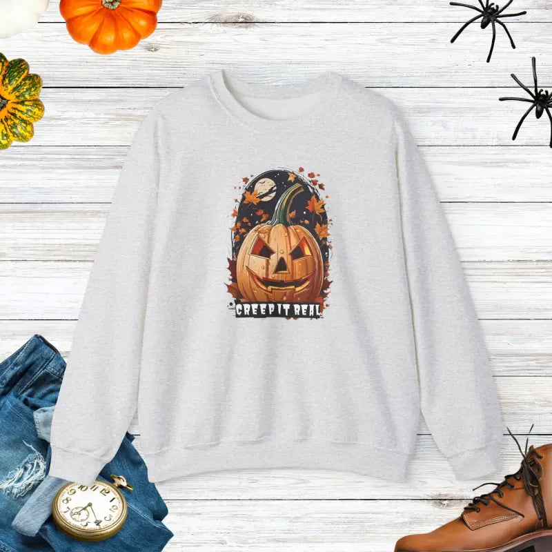 Creep it Real in Style: Jack o Lantern Unisex Heavy Blend Crewneck - Ash / s Sweatshirt