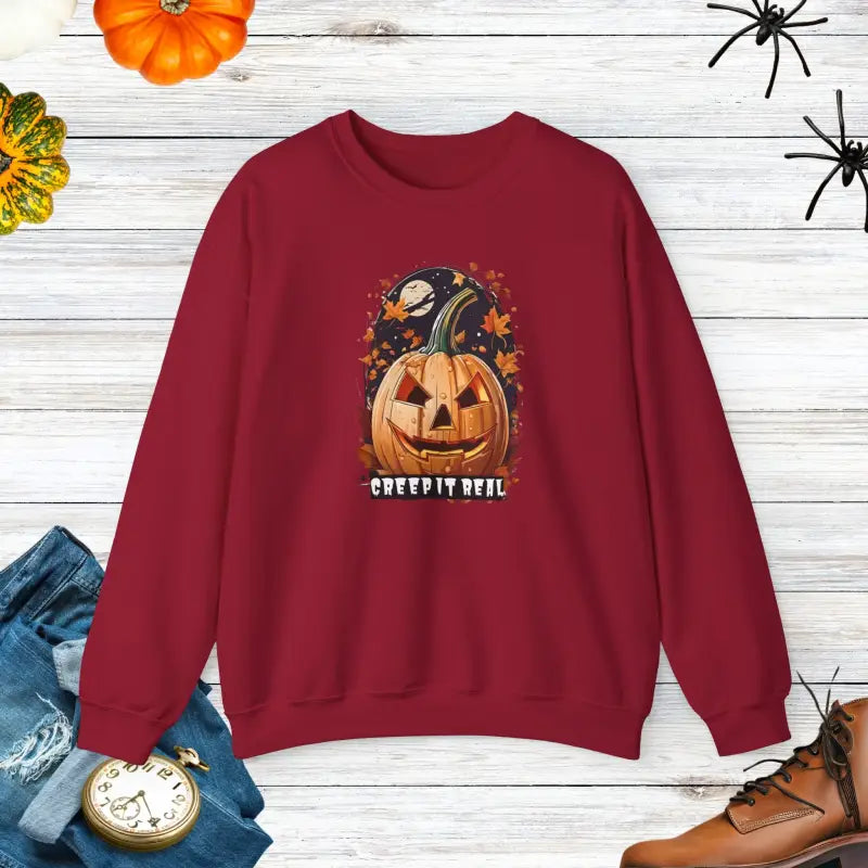 Creep it Real in Style: Jack o Lantern Unisex Heavy Blend Crewneck - Cardinal Red / s Sweatshirt