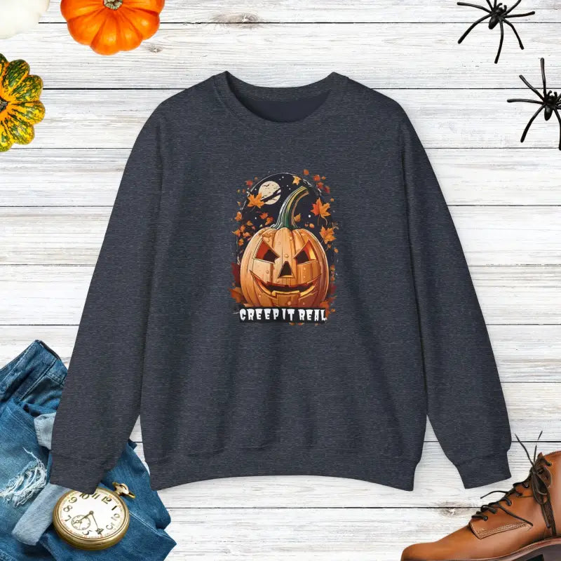 Creep it Real in Style: Jack o Lantern Unisex Heavy Blend Crewneck - Heather Sport Dark Navy / s Sweatshirt