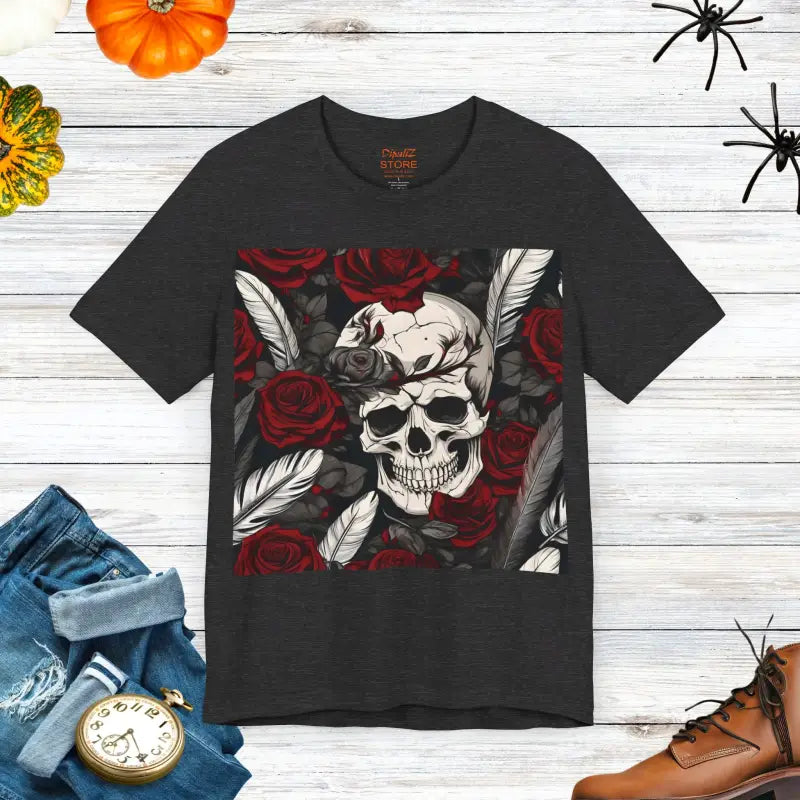 Halloween Skull & Roses Unisex Jersey Short Sleeve Tee - Dark Grey Heather / s T-shirt