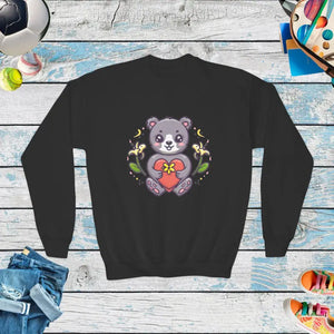 Kids Clothes - Youth Crewneck Sweatshirt - Cute Bear Heart Design - Dipaliz Black / Xs