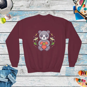 Youth Crewneck Sweatshirt - Cute Bear Heart Design - Dipaliz - Maroon / Xs - Sweatshirts