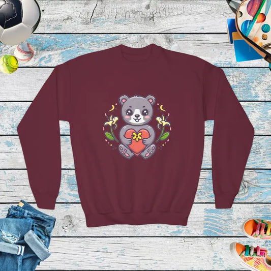 A Cute Bear with a Heart Youth Crewneck Sweatshirt - Maroon / Xs Kids Clothes