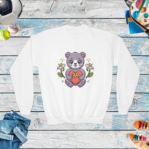 Kids Clothes - Youth Crewneck Sweatshirt - Cute Bear Heart Design - Dipaliz White / Xs