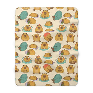 Capybara throw blanket by DipaliZ, printed fleece face with a sherpa textured reverse