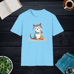 Cute Cat Pumpkin Cozy Casual Tee Pet Lover Gift - Dipaliz - s / Sky - T-shirts