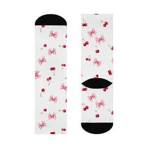 Cherry Bow Cushioned Crew Socks - Vibrant Comfy Style - Dipaliz - White / one Size / 3/4