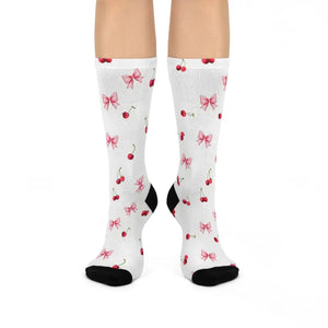 Cherry Bow Cushioned Crew Socks - Vibrant Comfy Style - Dipaliz - White / one Size / 3/4