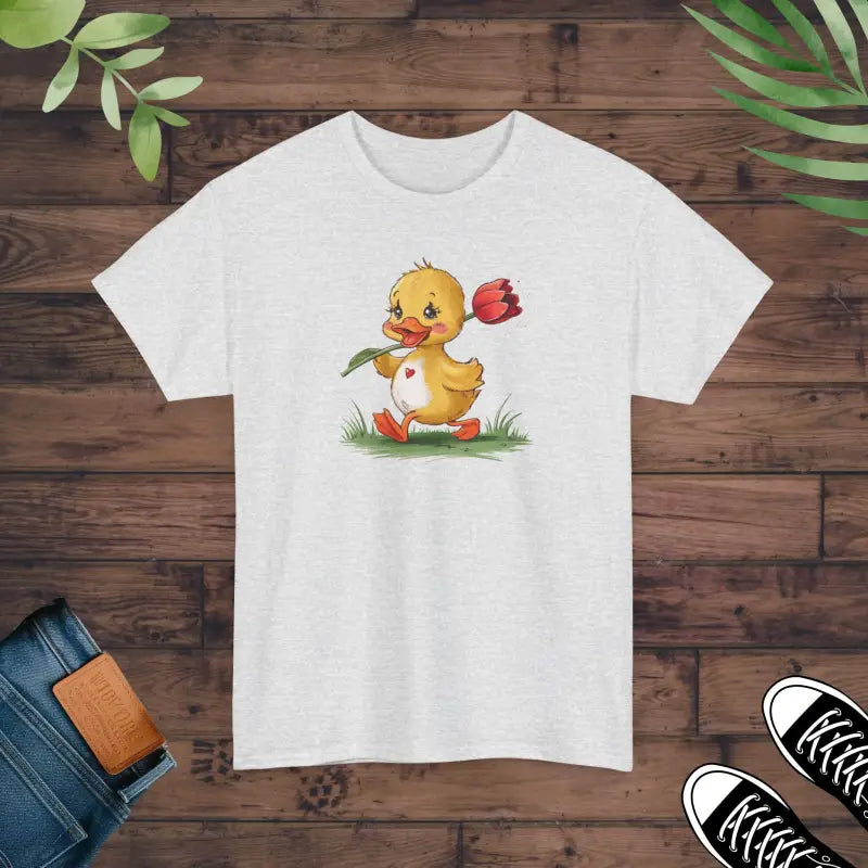 Unisex Heavy Cotton Tee - Adorable Duckling with Tulip Style - Ash / s T-shirt