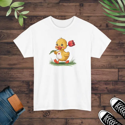 Unisex Heavy Cotton Tee - Adorable Duckling with Tulip Style - White / s T-shirt