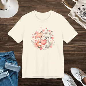 T-shirt - Cute Fox Bunny Heart Tee Day Couple Animal Shirt - Dipaliz Natural / s