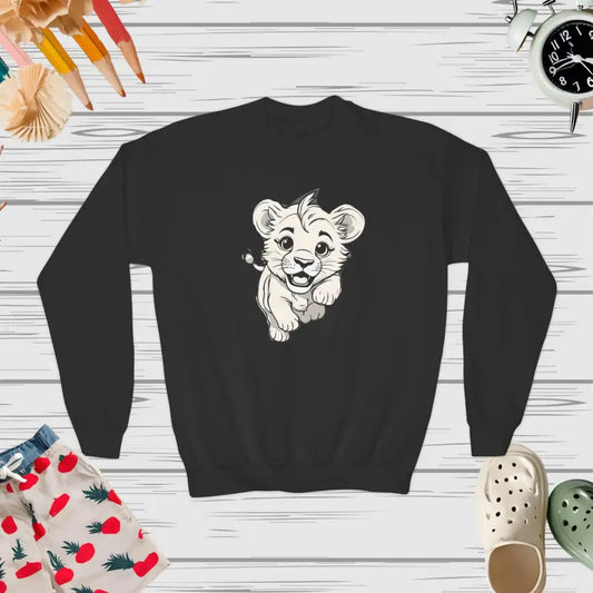 Roar Into Comfort: Cute Lion Youth Crewneck Sweatshirt - Black / Xs Kids Clothes