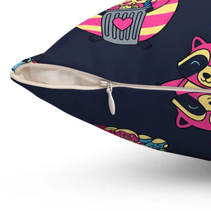 Neon raccoon repeat printed edge to edge on a DipaliZ square pillow
