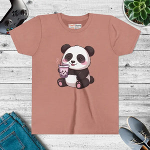 Panda Bubble Tea Youth Tee - Cute Animal Graphic Shirt - Dipaliz - s / Heather Mauve - T-shirts