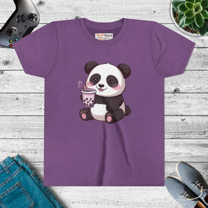 Panda Bubble Tea Youth Tee - Cute Animal Graphic Shirt - Dipaliz - s / Heather Team Purple - T-shirts