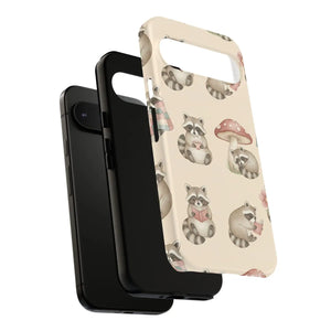 Cute Raccoon Pattern Phone Case – Beige Mushroom & Floral Tough Cases - Mobile