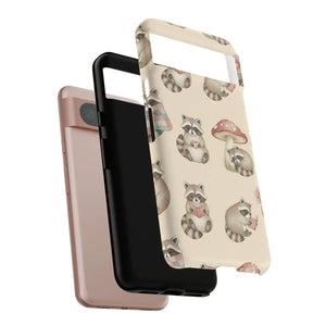 Cute Raccoon Pattern Phone Case – Beige Mushroom & Floral Tough Cases - Mobile