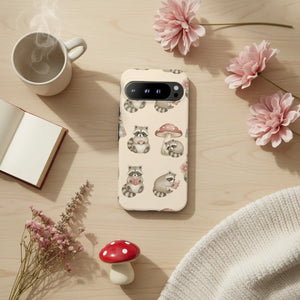 DipaliZ raccoon pattern phone case with raccoons and mushrooms on beige