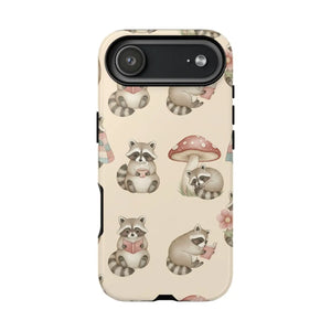 Cute Raccoon Pattern Phone Case – Beige Mushroom & Floral Tough Cases - Mobile