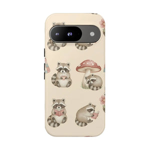 Rounded mushroom caps and five petal flowers on the DipaliZ raccoon case