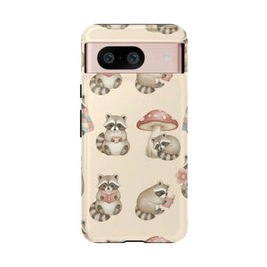 Cute Raccoon Pattern Phone Case – Beige Mushroom & Floral Tough Cases - Mobile