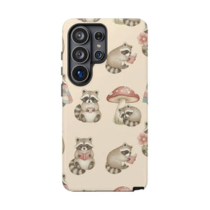 Cute Raccoon Pattern Phone Case – Beige Mushroom & Floral Tough Cases - Mobile