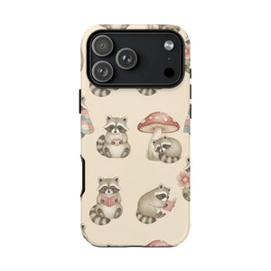 Cute Raccoon Pattern Phone Case – Beige Mushroom & Floral Tough Cases - Mobile